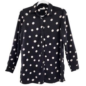 Susan Graver Black & Beige Polka-Dot Blouse Top Oversized Button-Up Women's XXS